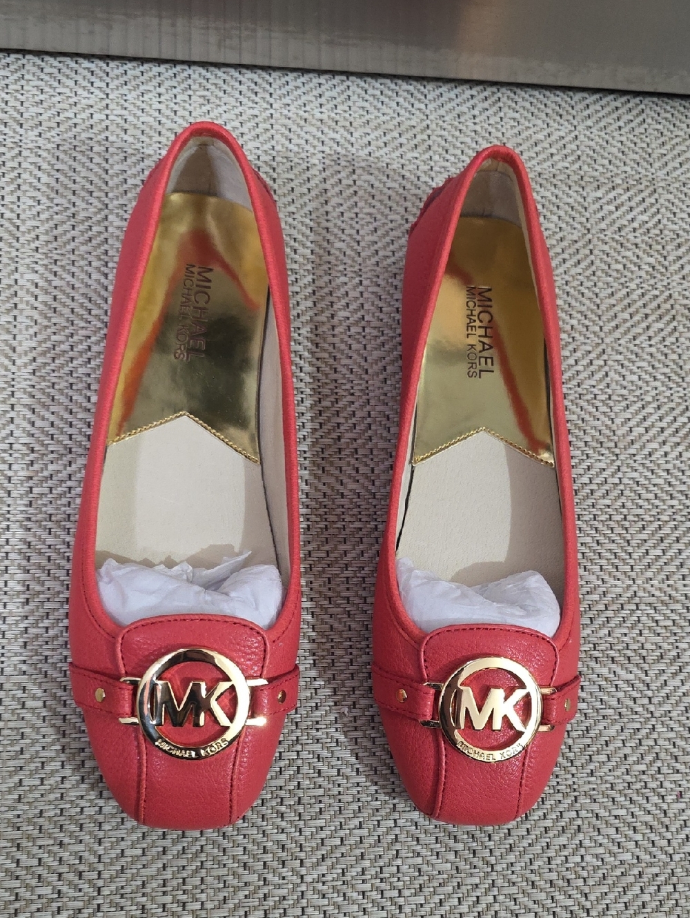 Michael Kors Coral-Red Leather MK Logo Flats